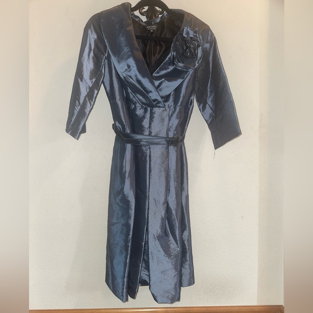 Xscape Blue Wrap Tie Front Cocktail Gown